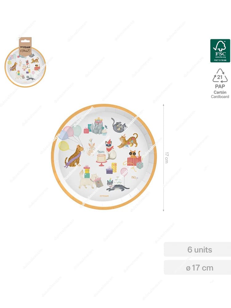 Pack de 6 platos de cartón SAR con diseño de gatitos Kittens, diámetro 17cm y sello de sostenibilidad FSC Mix 70% - Dulcealmacen