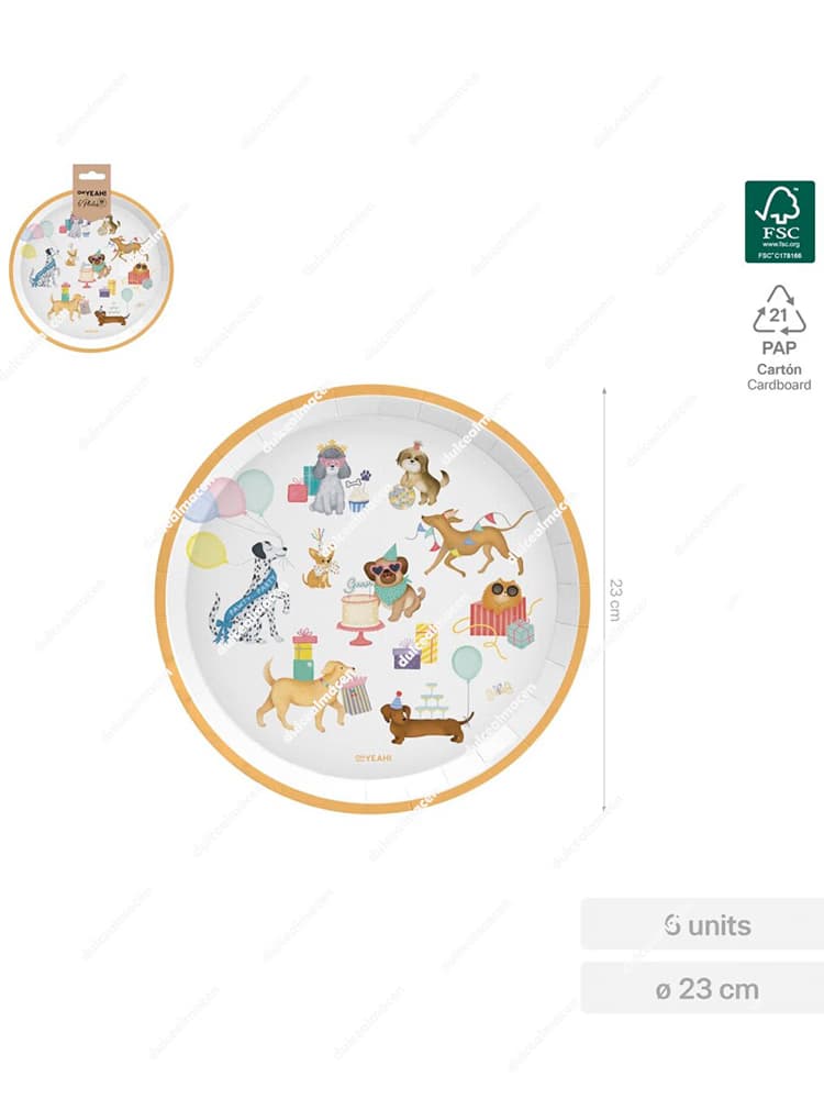Pack de 6 platos grandes de cartón SAR con diseño de cachorros Puppies, diámetro 23cm y sello de sostenibilidad FSC Mix 70% - Dulcealmacen