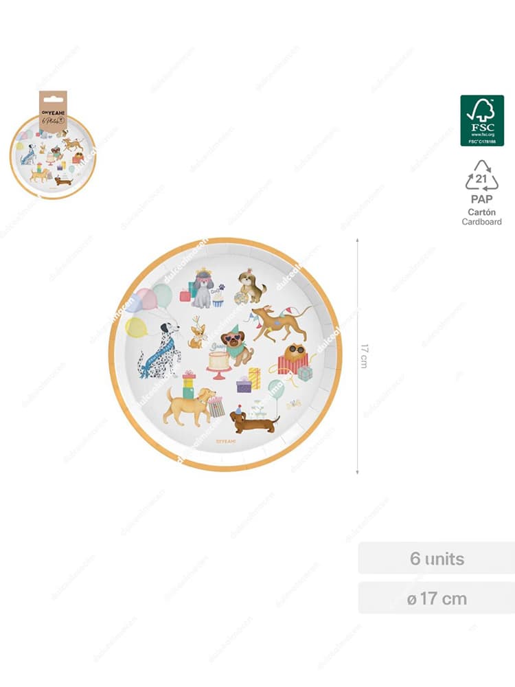 Pack de 6 platos de cartón SAR con diseño de perritos Puppies, diámetro 17cm y certificación forestal FSC Mix 70% - Dulcealmacen
