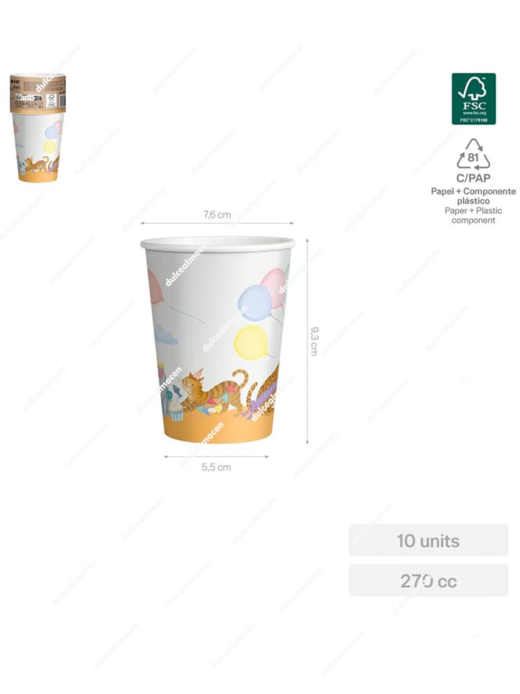 Pack de 10 vasos de cartón SAR con diseño de gatitos Kittens, capacidad 270cc (9oz) y sello de sostenibilidad FSC Mix 70% - Dulcealmacen