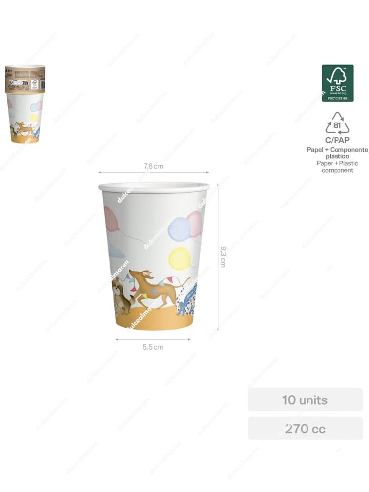 Pack de 10 vasos de cartón SAR con diseño de perritos Puppies, capacidad 270cc (9oz) y sello de sostenibilidad FSC Mix 70% - Dulcealmacen