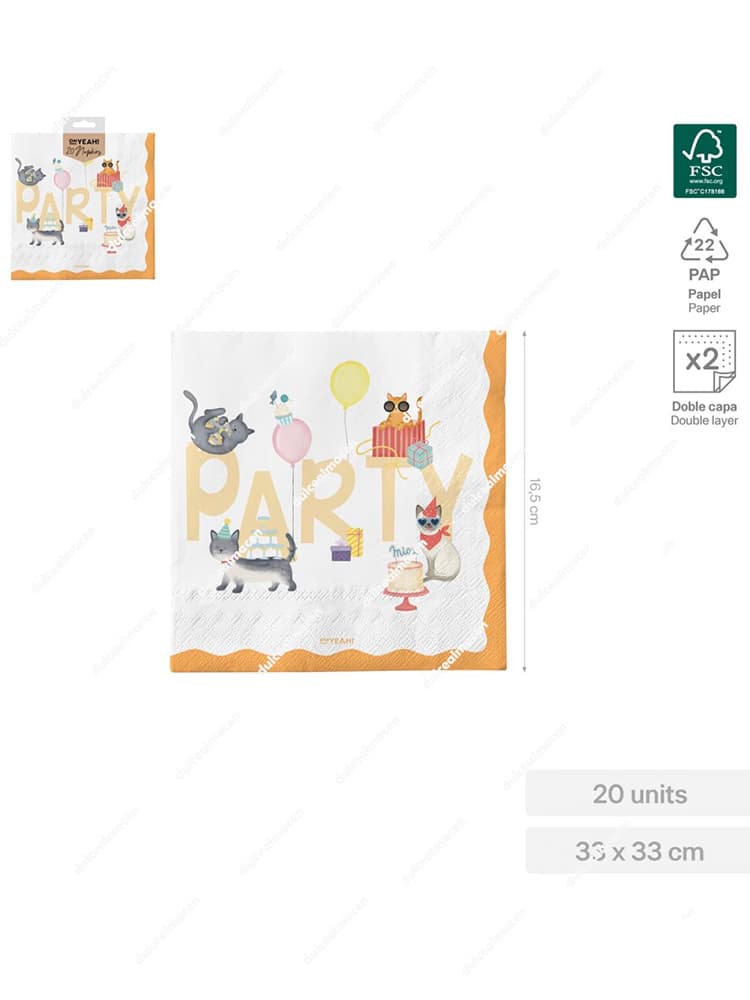 servilleta 2c kittens 33x33cm Paquete de 20 servilletas de papel SAR de 2 capas con diseño de gatitos Kittens, tamaño 33x33cm y certificado sostenible FSC Mix 70% - Dulcealmacen