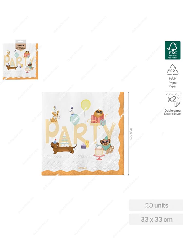 Paquete de 20 servilletas de papel de 2 capas SAR con diseño de perritos Puppies, 33x33cm y certificado forestal FSC Mix 70% - Dulcealmacen