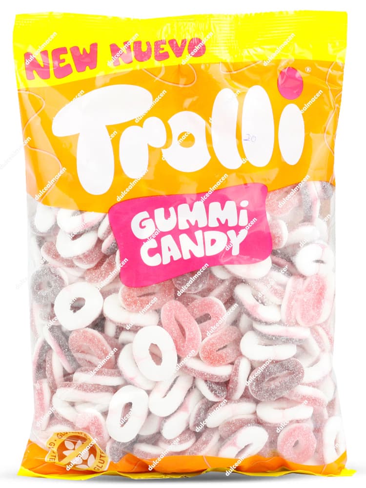 Bolsa amarilla de un kilogramo de Trolli 1kg mini aros fresa ( sin gluten ) con ilustraciones de caramelos de goma bicolores y logo oficial libre de gluten - Dulcealmacen