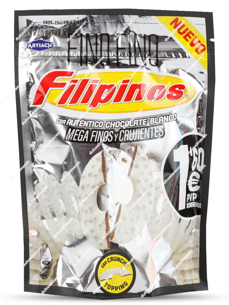 Bolsa vertical metalizada de color plateado y amarillo de la marca Artiach Filipinos Fino Fino con auténtico chocolate blanco de 70 gramos, mostrando la ilustración de tres galletas mega finas con forma de aro partidas, un círculo con topping crujiente y un círculo negro con un precio recomendado marcado de 1,60 euros a la derecha - Dulcealmacen