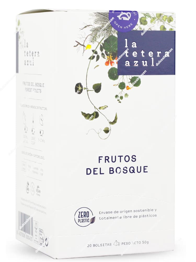 Caja rectangular de color azul marino de la infusión de autor La Tetera Azul variedad Frutos del Bosque Forest Fruits de 20 bolsitas, con una llamativa franja central de color granate brillante, ilustraciones de bayas y fresas, y el logotipo redondo Zero Plastic en la parte frontal - Dulcealmacen