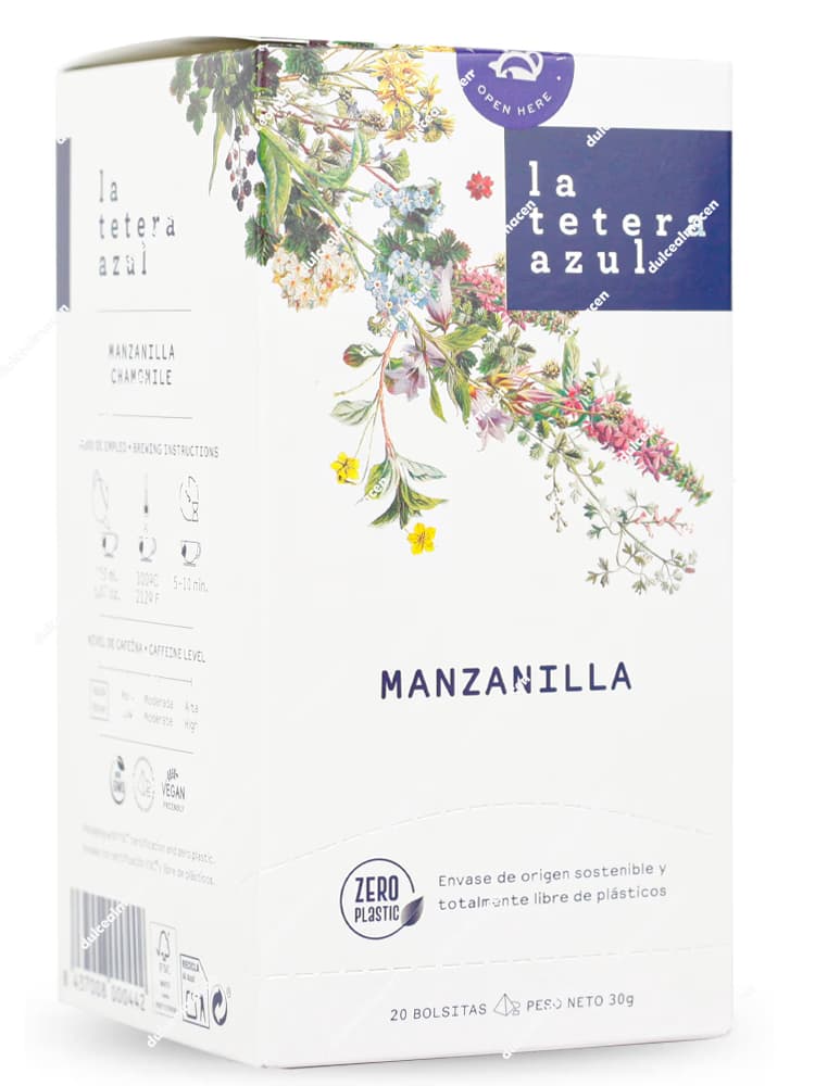 Caja rectangular de color azul marino de la infusión de autor La Tetera Azul variedad Manzanilla Camomile de 20 bolsitas, con una franja central de color amarillo crema brillante y el logotipo redondo Zero Plastic en la parte frontal - Dulcealmacen