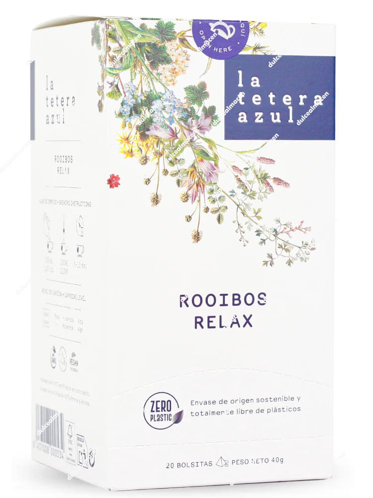 Caja rectangular de color azul marino de la infusión de autor La Tetera Azul variedad Rooibos Relax de 20 bolsitas, con una franja central de color lila violeta brillante, silueta lineal de una persona en una postura relajada y el logotipo redondo Zero Plastic en la parte frontal - Dulcealmacen
