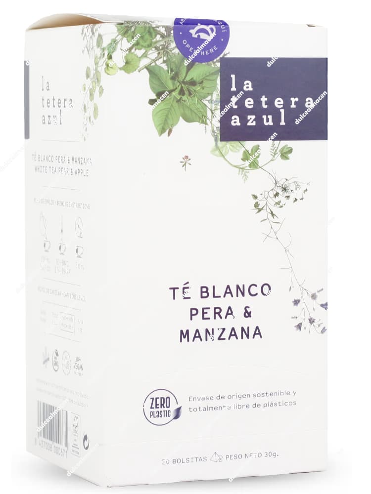 Caja rectangular de color azul marino del té de autor La Tetera Azul variedad Té Blanco Pera y Manzana de 20 bolsitas, con una llamativa franja central de color verde claro pastel, ilustraciones de peras y manzanas, y el logotipo redondo Zero Plastic en la parte frontal - Dulcealmacen