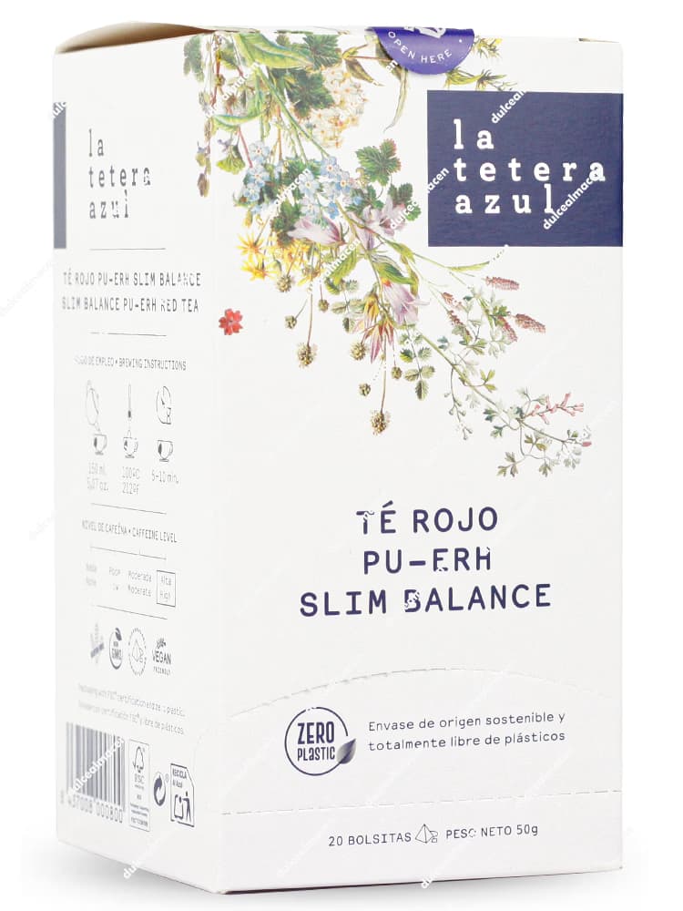 Caja rectangular de color azul marino de la infusión de autor La Tetera Azul variedad Té Rojo Pu-erh Slim Balance de 20 bolsitas, con una franja central de color rosa chicle brillante, silueta lineal de una persona y el logotipo redondo Zero Plastic en la parte frontal - Dulcealmacen