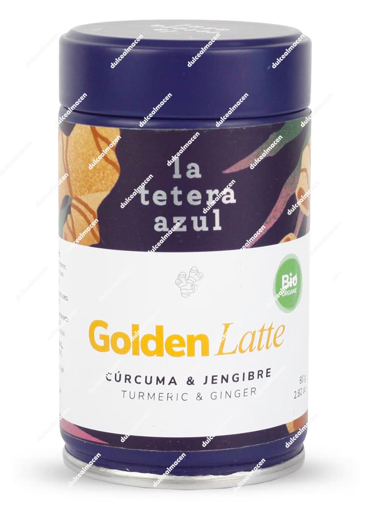 Tarro metálico cilíndrico de diseño gourmet de color azul marino de la marca La Tetera Azul variedad Golden Latte Cúrcuma y Jengibre de 80 gramos, con una franja central de color amarillo mostaza brillante con ilustraciones botánicas de raíces y el nombre del producto destacado en la parte frontal - Dulcealmacen