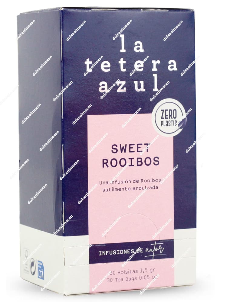 Caja rectangular de color azul marino de la infusión de autor La Tetera Azul variedad Sweet Rooibos de 30 bolsitas, con una franja central de color rosa fucsia brillante y el logotipo redondo Zero Plastic en la parte frontal - Dulcealmacen