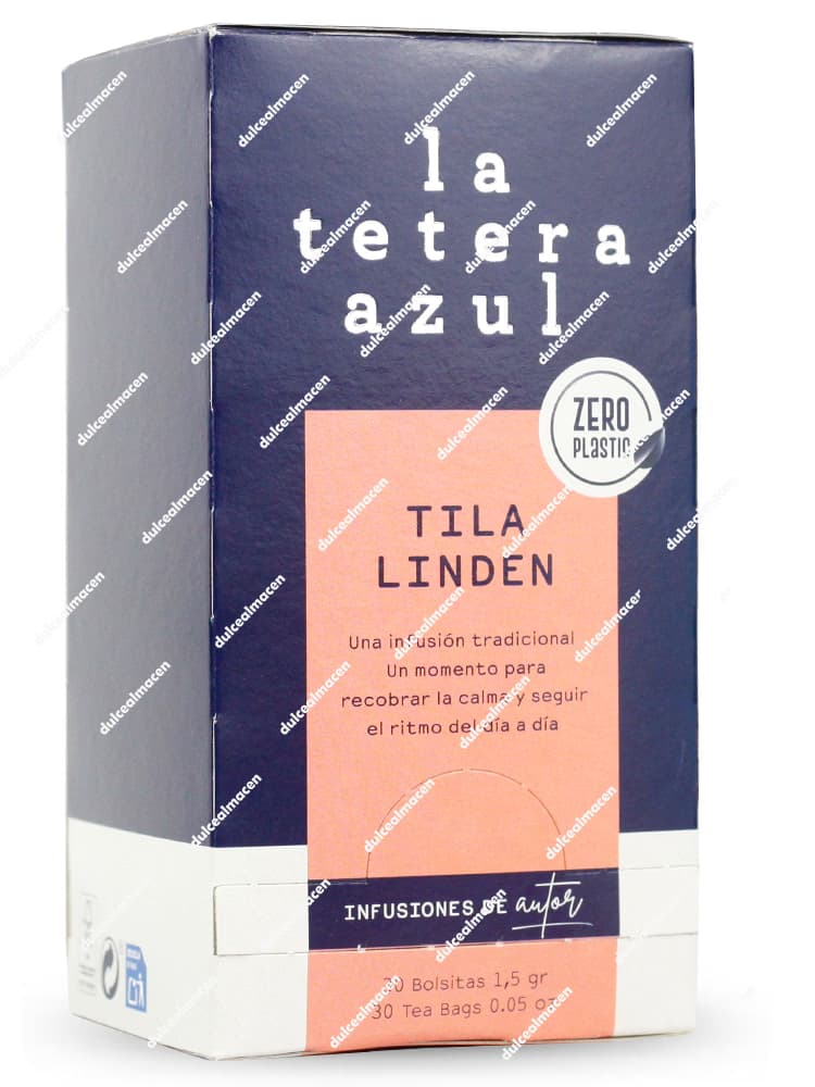 Caja rectangular de color azul marino de la infusión de autor La Tetera Azul variedad Tila Linden de 30 bolsitas, con una franja central de color naranja claro brillante y el logotipo redondo Zero Plastic en la parte frontal - Dulcealmacen