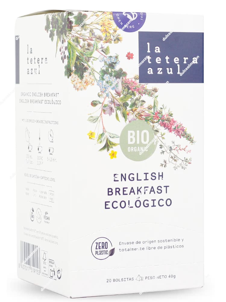 Caja rectangular de color azul marino del té de autor La Tetera Azul variedad English Breakfast Ecológico de 20 bolsitas, con una llamativa franja central de color marrón arcilla brillante, hojas de té ilustradas y el logotipo redondo Zero Plastic junto al sello de Agricultura Ecológica en la parte frontal - Dulcealmacen