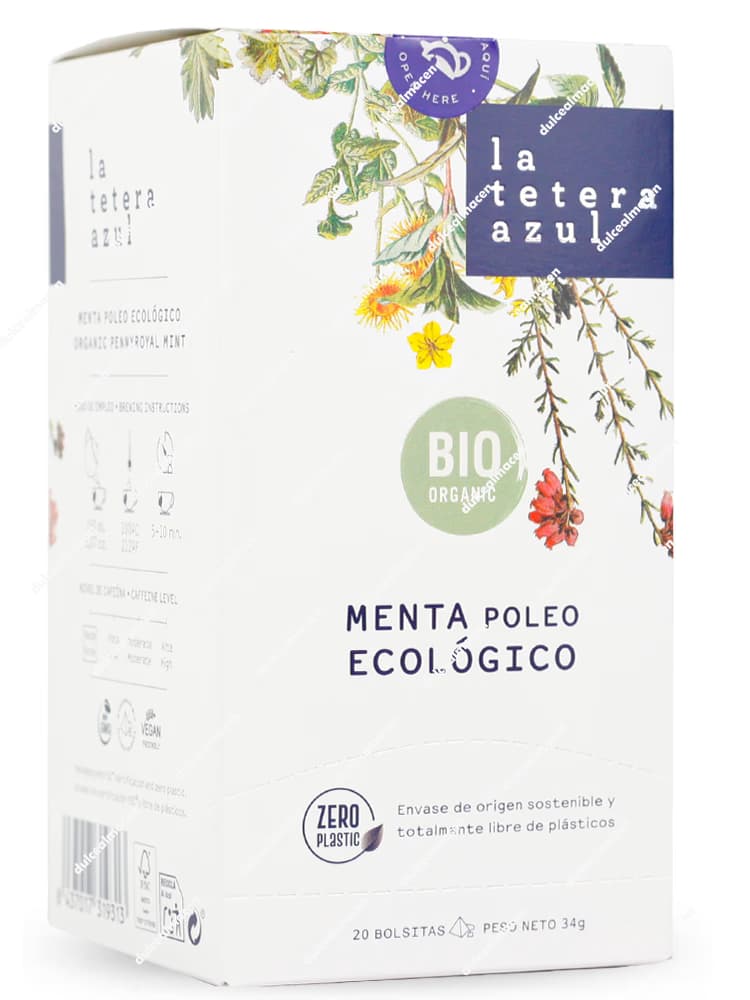Caja rectangular de color azul marino de la infusión de autor La Tetera Azul variedad Menta Poleo Ecológico de 20 bolsitas, con una franja central de color verde azulado brillante, hojas de menta ilustradas y el logotipo redondo Zero Plastic junto al sello de Agricultura Ecológica en la parte frontal - Dulcealmacen