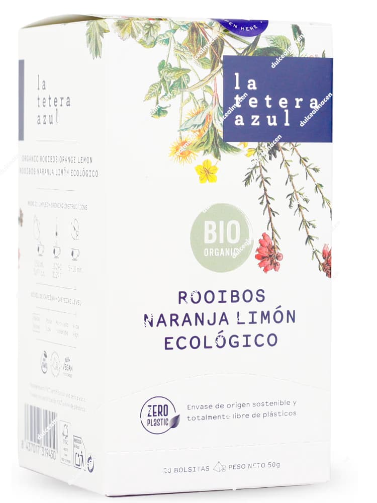 Caja rectangular de color azul marino de la infusión de autor La Tetera Azul variedad Rooibos Naranja Limón Ecológico de 20 bolsitas, con una franja central de color naranja brillante, rodajas de cítricos ilustradas y el logotipo redondo Zero Plastic junto al sello de Agricultura Ecológica en la parte frontal - Dulcealmacen
