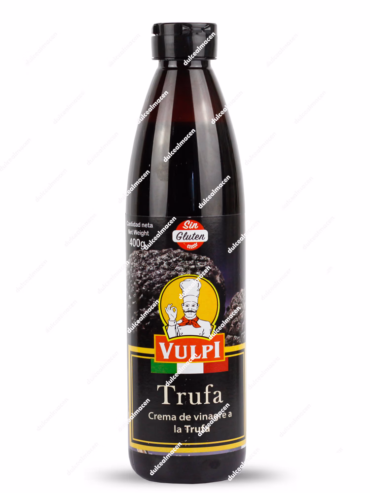Botella oscura de 400 gramos de crema de vinagre a la trufa de la marca Vulpi con el sello ovalado de sin gluten y la imagen de una trufa negra en la etiqueta - Dulcealmacen