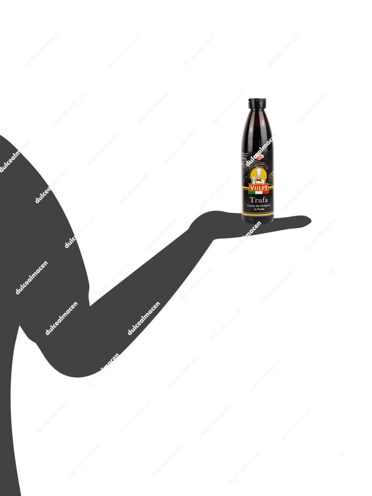 Botella oscura de 400 gramos de crema de vinagre a la trufa de la marca Vulpi con el sello ovalado de sin gluten y la imagen de una trufa negra en la etiqueta - Dulcealmacen