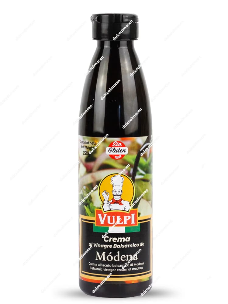 Botella oscura de 250 gramos de crema al vinagre balsámico de Módena de la marca Vulpi con el sello rojo de sin gluten y el logotipo de un chef en la etiqueta frontal - Dulcealmacen