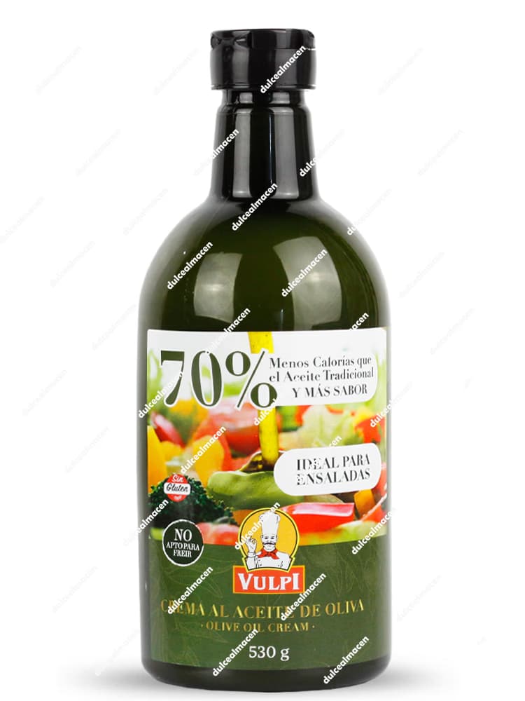Botella verde oscura de 530 gramos de crema al aceite de oliva Vulpi con una etiqueta que destaca el 70% menos de calorías, el sello sin gluten y la indicación de ideal para ensaladas - Dulcealmacen