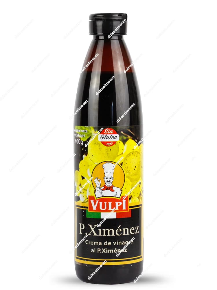 Botella oscura de 400 gramos de crema de vinagre al P.Ximénez de la marca Vulpi con el sello rojo de sin gluten y una imagen de uvas blancas en su etiqueta - Dulcealmacen