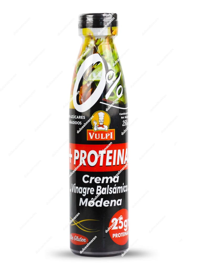 Botella oscura de 250 gramos de crema al vinagre balsámico de Módena Vulpi con gráficos de 0% azúcares añadidos, una franja roja que indica + Proteína y el sello sin gluten en la base - Dulcealmacen