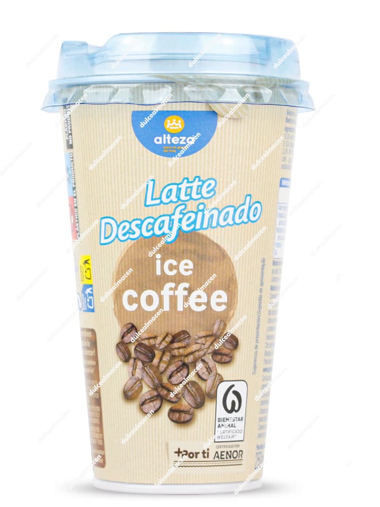 Vaso de 250 ml de Café Latte Descafeinado Alteza de color azul y crema, con tapa protectora y pajita lista para consumir frío - Dulcealmacen