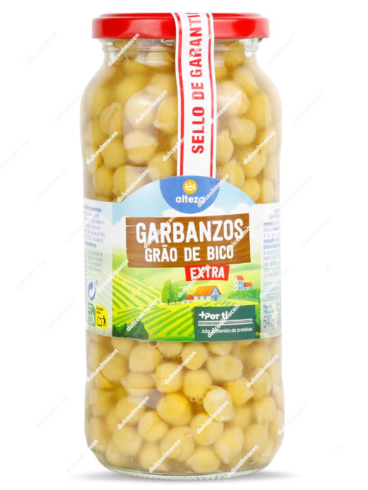 Tarro de cristal de garbanzos cocidos categoría extra marca Alteza, peso neto 345g, con precinto de seguridad rojo - Dulcealmacen