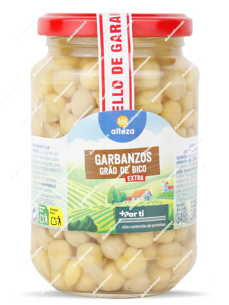 Tarro de cristal de garbanzos cocidos categoría extra marca Alteza, peso neto 345g, con precinto de seguridad rojo - Dulcealmacen
