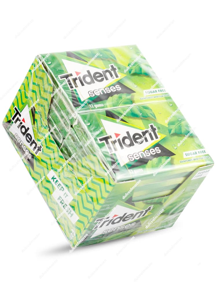 Estuche de 12 chicles en lámina Trident Senses Rain Forest sabor hierbabuena, diseño en color verde con hojas de menta - Dulcealmacen