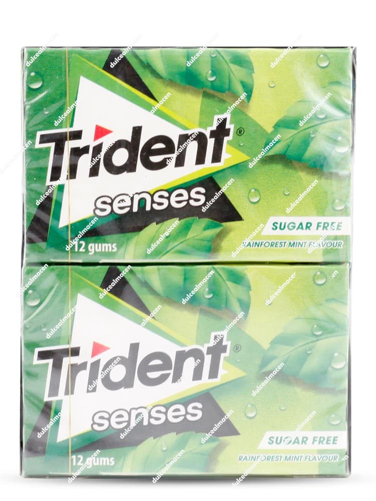 Estuche de 12 chicles en lámina Trident Senses Rain Forest sabor hierbabuena, diseño en color verde con hojas de menta - Dulcealmacen