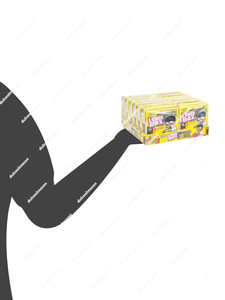 Caja expositora de color azul de gominolas Jojo Lunch Box Gummy con 12 unidades individuales que muestran los logos de Certificado Halal y Sin Gluten en la esquina frontal - Dulcealmacen