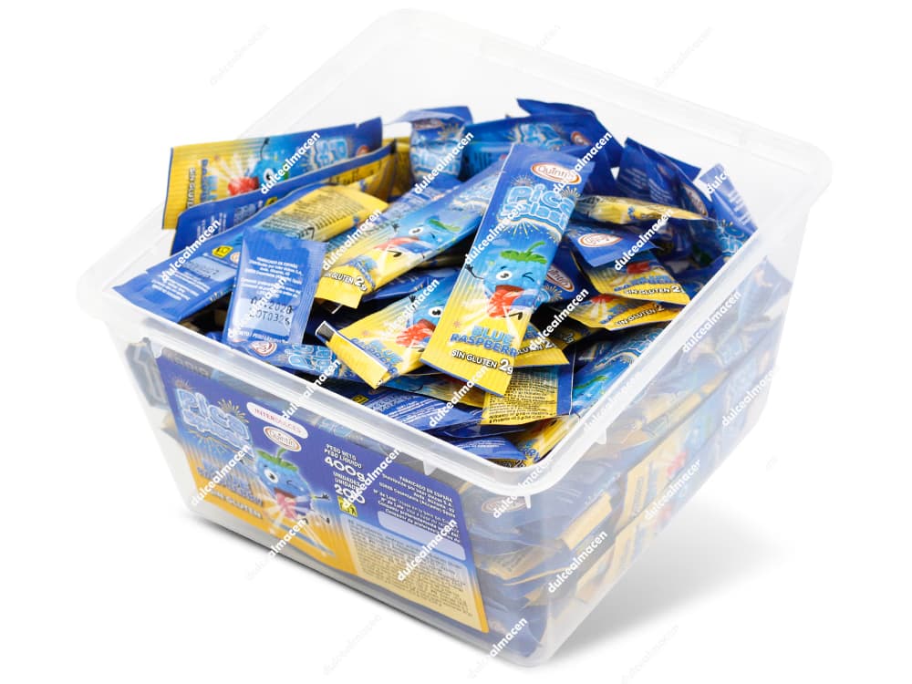 Caja plástica transparente de golosinas Inter Pica Splash Mora 200 uds con sobres individuales de caramelo en polvo sabor mora azul libres de gluten - Dulcealmacen