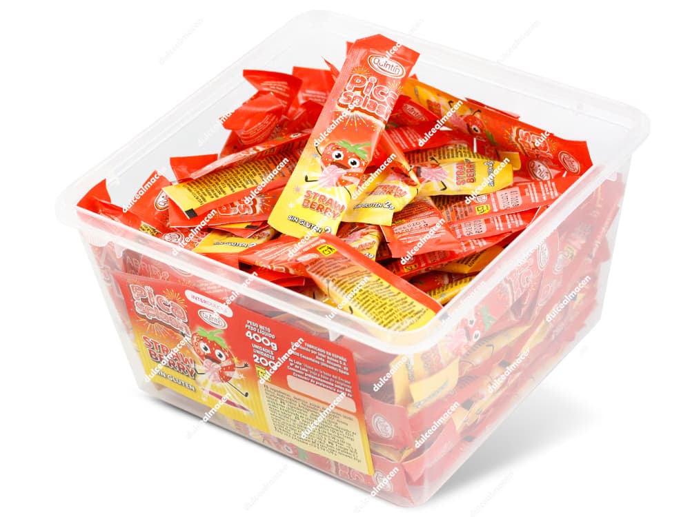 Bote expositor de plástico transparente relleno de golosinas Inter Dulces pica splash fresa 200 uds con sobres individuales de caramelo en polvo ácido sin gluten - Dulcealmacen