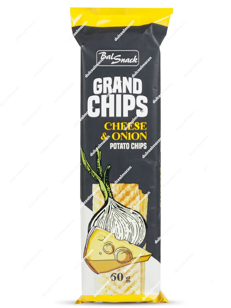 Bolsa vertical de BalSnack patatas cebolla y queso 60gr mostrando el empaque negro y amarillo con el texto Grand Chips Cheese & Onion Potato Chips e ilustración de una cebolla y una cuña de queso - Dulcealmacen archivos 4740053007750_resultado.avif y 4740053007750x_resultado.avif