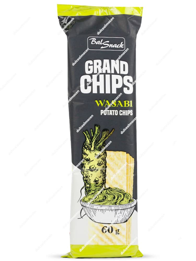 Bolsa vertical de BalSnack patatas wasabi 60gr mostrando el empaque negro y verde lima con el texto Grand Chips Wasabi Potato Chips e ilustración de la raíz de rábano picante - Dulcealmacen archivos 4740053007897_resultado.avif y 4740053007897x_resultado.avif