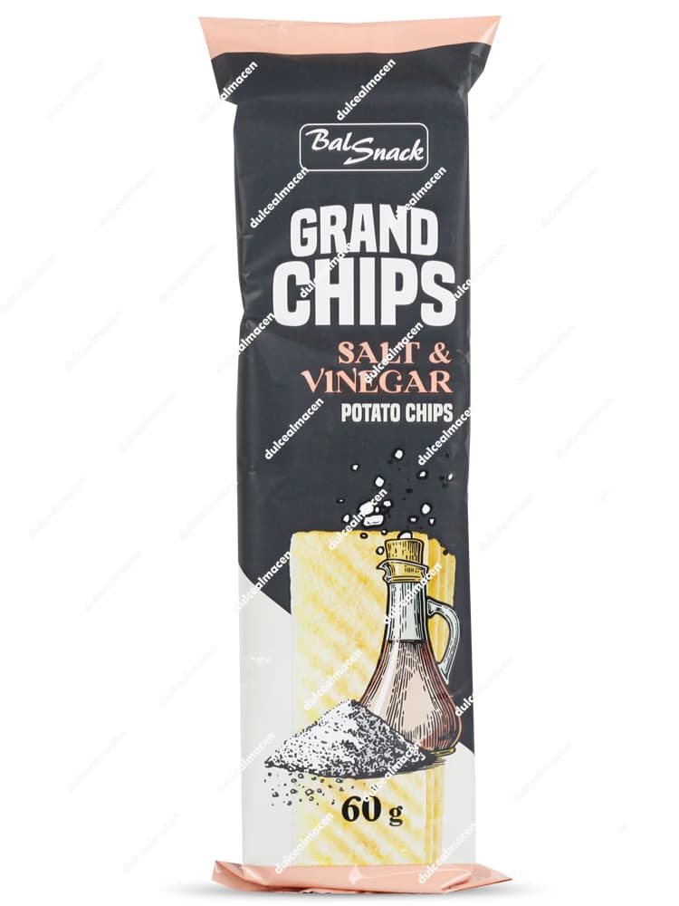 Bolsa vertical de BalSnack patatas sal y vinagre 60gr mostrando el empaque negro y rosa pastel con el texto Grand Chips Salt & Vinegar Potato Chips e ilustración de una aceitera y un montón de sal - Dulcealmacen archivos 4740053008030_resultado.avif y 4740053008030x_resultado.avif