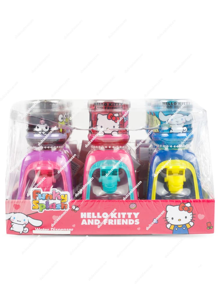 Bolsa expositora frontal de Funky splash hello kitty 9 uds mostrando tres minidispensadores de agua de juguete con personajes de Sanrio en tonos rosa, morado y azul - Dulcealmacen archivos 5200701008922v_resultado.avif y 5200701008922vv_resultado.avif