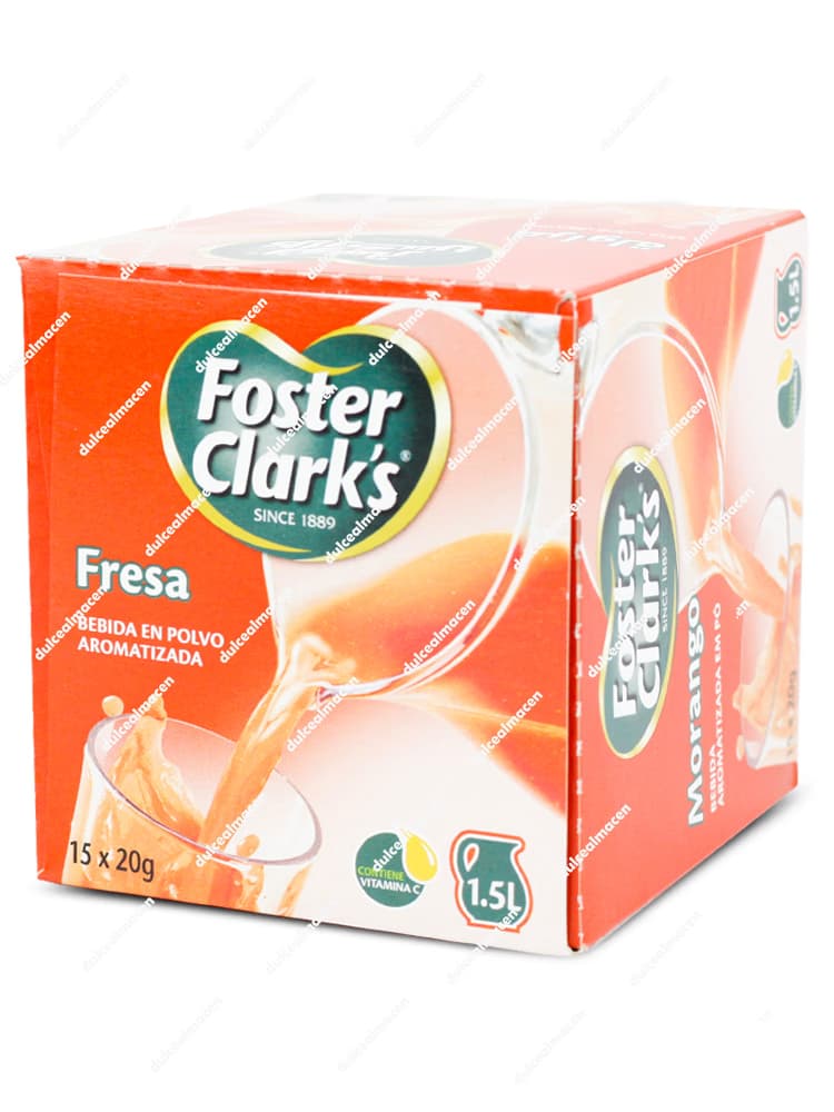 Caja expositora de cartón de color amarillo y azul de Foster Clark's fresa 15 uds mostrando la ilustración de un vaso con refresco rojo rodeado de fresas maduras en las imágenes 5352101002595v_resultado.avif y 5352101002595vv_resultado.avif - Dulcealmacen