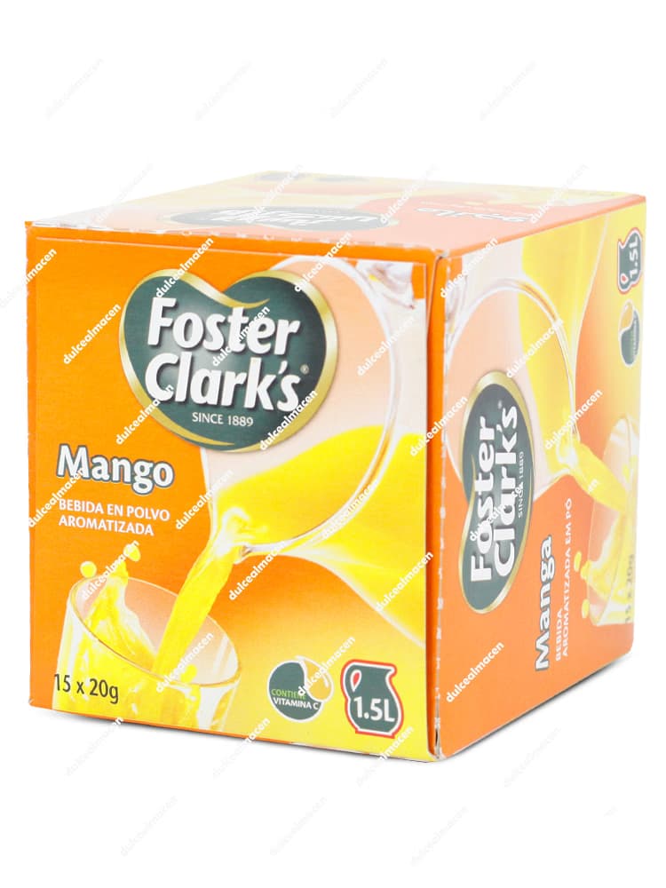 Caja expositora de cartón de color amarillo de Foster Clark's mango 15 uds mostrando la ilustración de un vaso con refresco junto a un mango maduro cortado en las imágenes 5352101002687v_resultado.avif y 5352101002687vv_resultado.avif - Dulcealmacen
