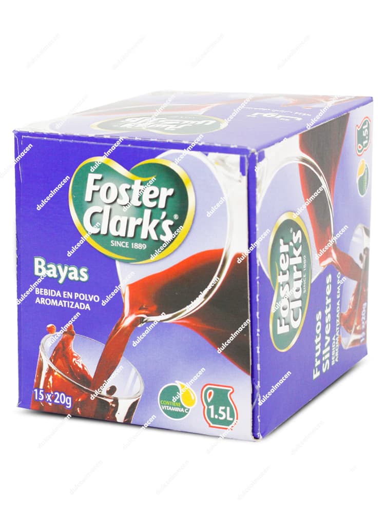 Caja expositora de cartón de color amarillo y morado de Foster Clark's bayas 15 uds mostrando la ilustración de un vaso con refresco violeta rodeado de frutos del bosque como moras y frambuesas en las imágenes 5352101002724v_resultado.avif y 5352101002724vv_resultado.avif - Dulcealmacen