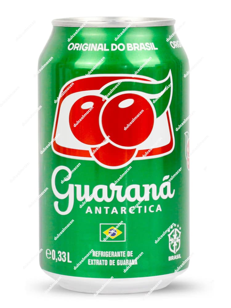 Lata de aluminio de color verde brillante del refresco Guaraná Antarctica Lata 330 ml mostrando su logotipo central blanco con los frutos rojos dibujados en el archivo 5601151960479_resultado.avif - Dulcealmacen