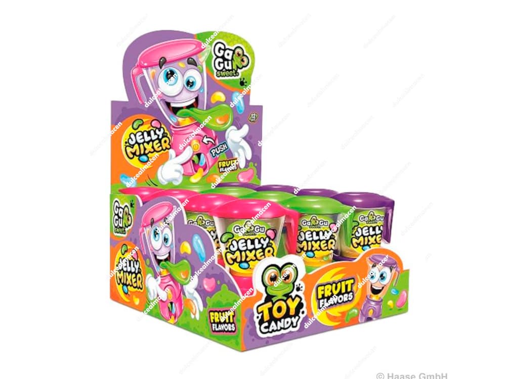 Caja expositora de GaGu jelly mixer 12 uds mostrando los envases interactivos con forma de batidora de juguete en colores morado, verde y rosa con caramelos de goma - Dulcealmacen archivo 5904917031421_resultado.avif
