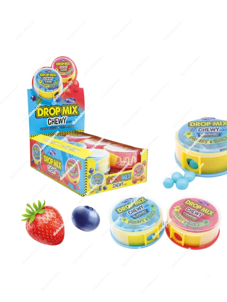 Caja expositora de Profisa drop mix chewy 12 uds mostrando los envases dispensadores redondos con caramelos masticables y decorada con ilustraciones de fresas y arándanos - Dulcealmacen archivo 6905822592051_resultado.avif