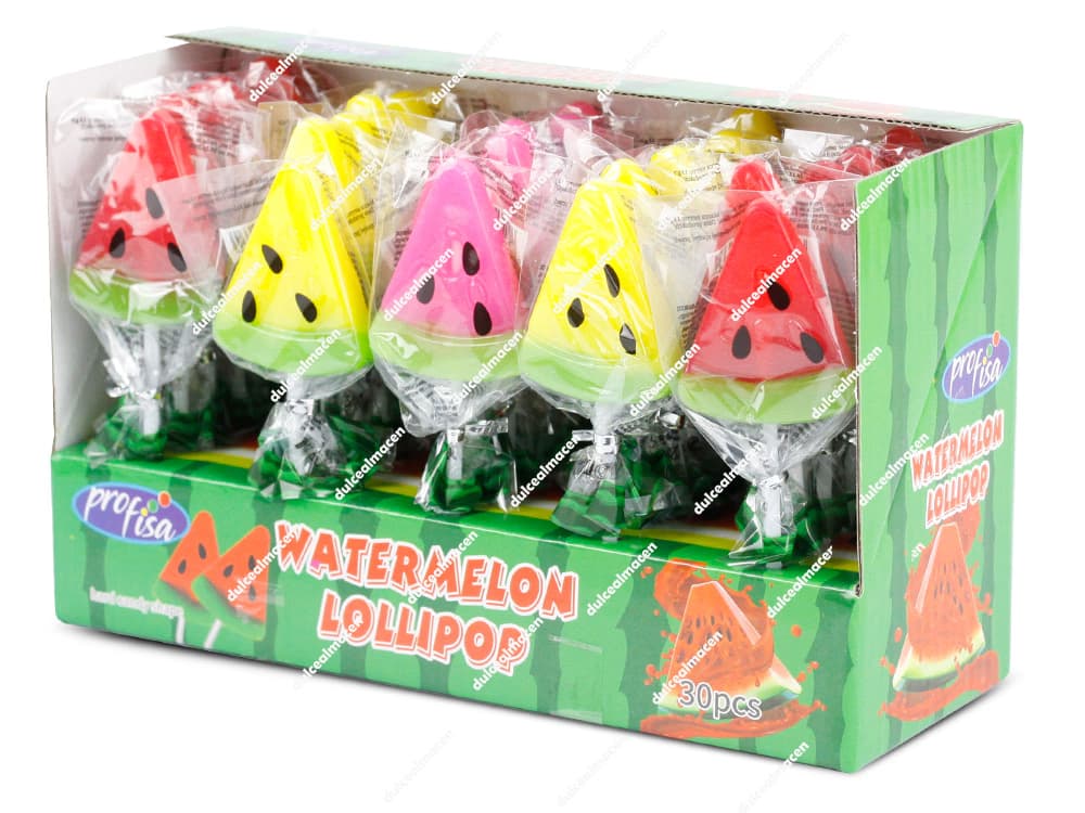 Caja expositora de Profisa watermelon lollipop 30 uds mostrando las piruletas individuales con forma de porción de sandía en colores rojo, rosa y amarillo - Dulcealmacen archivo 6910057382469_resultado.avif