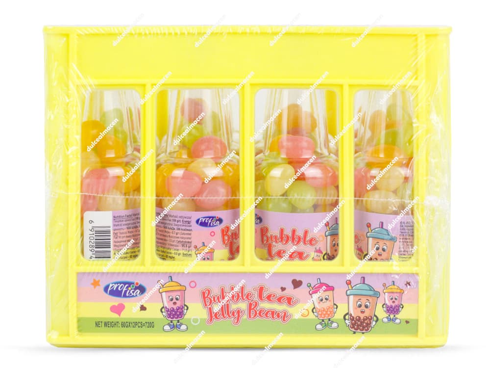 Cesta plástica de color amarillo que contiene la Profisa caja bubble tea 12 uds vista de frente con botellitas transparentes llenas de caramelos alubias grageados de colores e ilustraciones infantiles - Dulcealmacen archivos 6910289453722_resultado.avif y 6910289453722x_resultado_2.avif