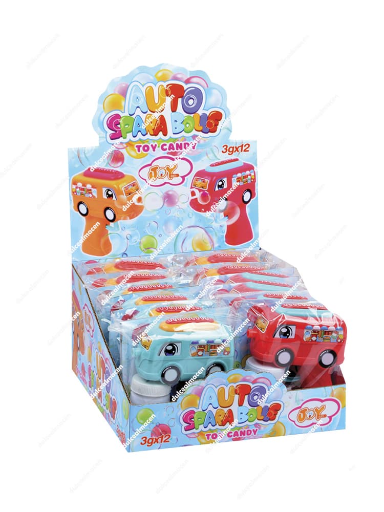 Caja expositora de Joy auto spara bolle 12 uds mostrando los pomperos interactivos con formas de coche y caramelos con juguete - Dulcealmacen archivo 6920242396515_resultado.avif