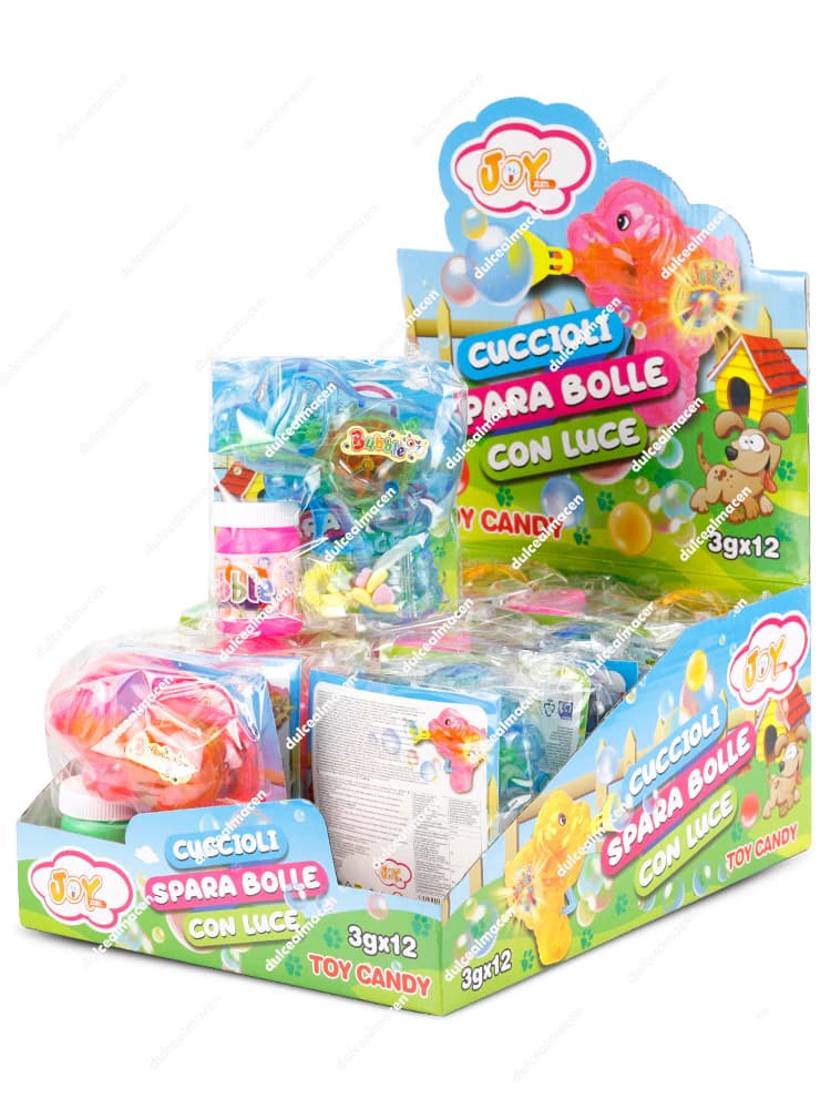 Caja expositora de Joy cuccioli spara bolle 12 uds mostrando los pomperos interactivos con formas de animales y caramelos con juguete - Dulcealmacen archivo 6920252419907_resultado.avif
