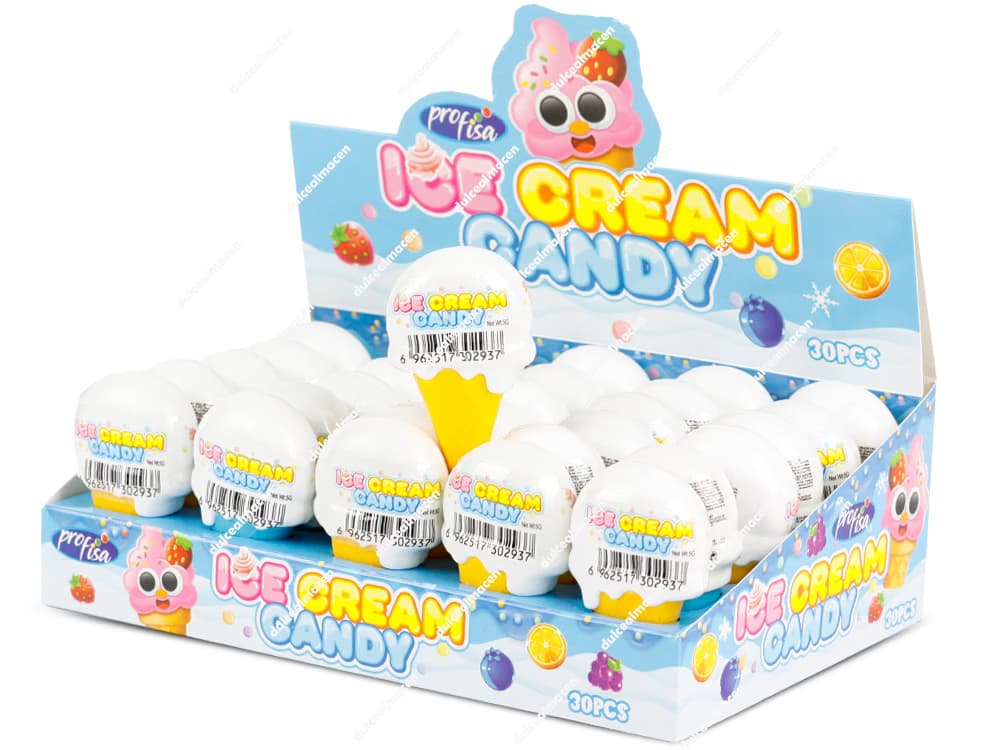 Caja expositora de Profisa ice cream candy 30 uds mostrando los juguetes interactivos con forma de helado de cucurucho y caramelos - Dulcealmacen archivo 6927843268418_resultado.avif
