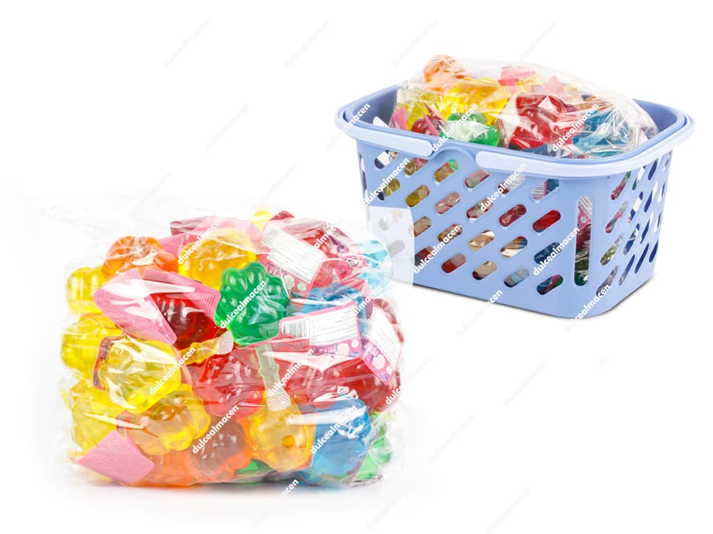 Cesta de plástico de color azul junto a una bolsa repleta de gelatinas individuales Profisa cesta paw jelly 50 uds con forma de huella de patitas de colores - Dulcealmacen archivo 6970409941782_resultado.avif